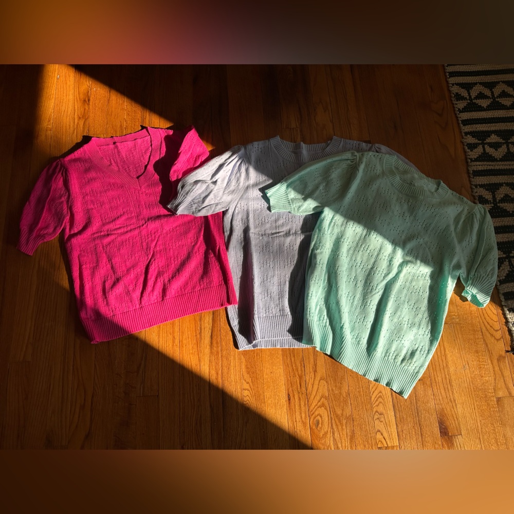 Set of Three Knit Sweaters - Pink, Gray, and Mint